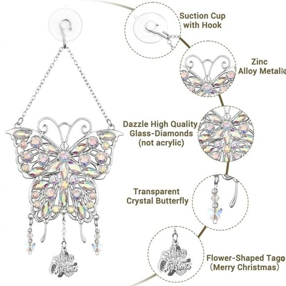 Chistmas Rhinestone Silver Butterfly Window Decor Wind Chime Keepsake Ornament - Picture 4 of 7